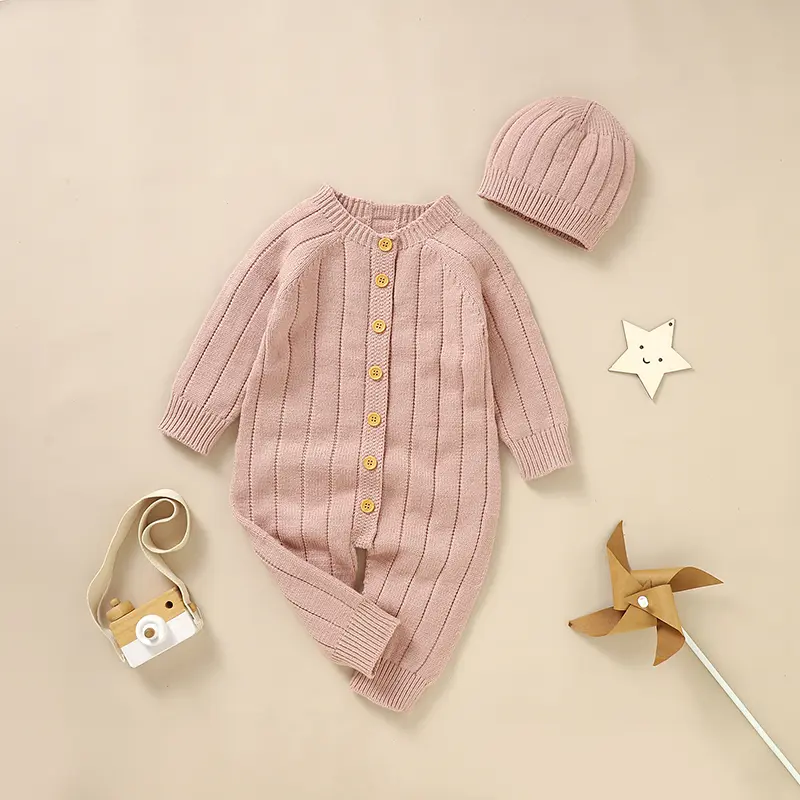 Baby Jumpsuits Knitted Solid Color Newborn Boys Girls Full Sleeve Rompers Hats Clothes Sets 2pcs Infant Toddler Playsuits Outfit