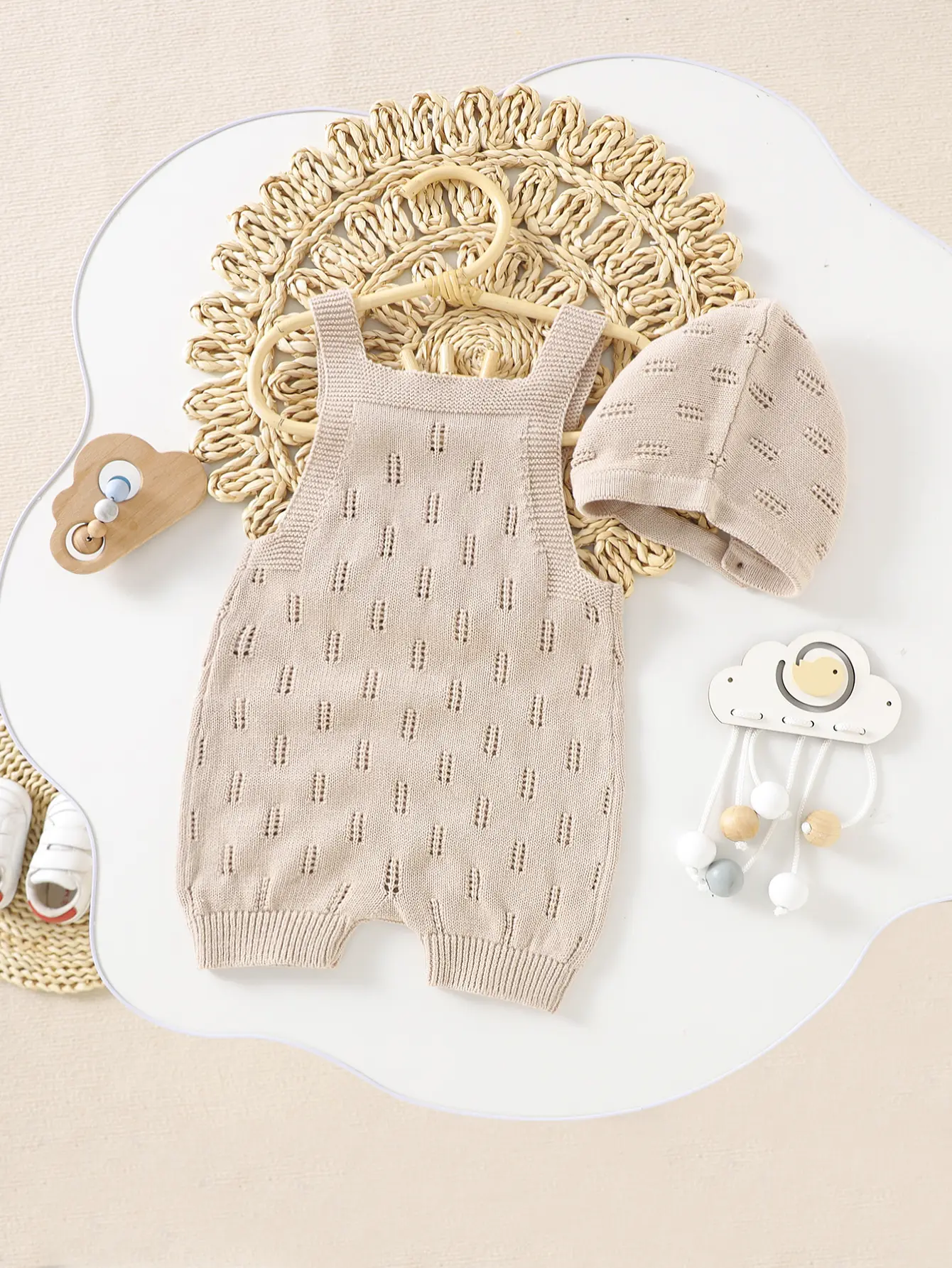 Newborn Baby Cotton Rompers Hats Outfits Sets 0-18m Solid Camel Sleeveless Knitted Infant Boy Girl Jumpsuits 2pc Toddler Clothes