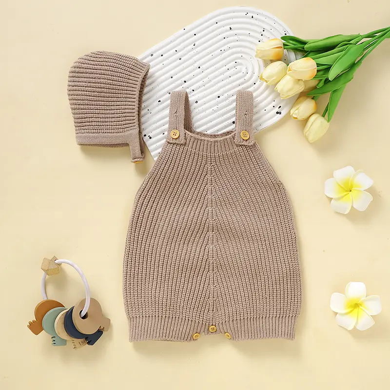 Baby Boys Girls Rompers Solid Sleeveless Knitted Newborn Netural Sunsuits Hats Outfits Set 0-18m Toddler Camel Playsuits Clothes