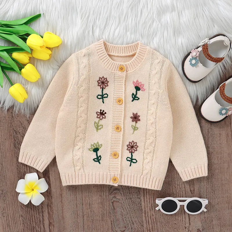 Autumn Winter Newborn Baby Girls Sweaters Clothes Flower Embroidered Infant Full Sleeve Knitted Cardigans Jackets Children Coats