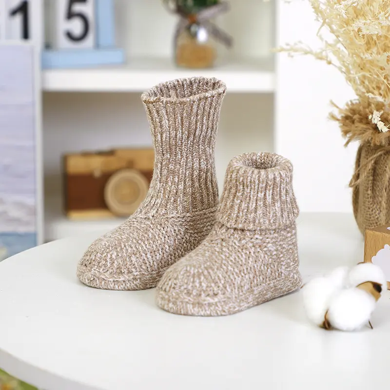Baby Booties Newborn Boys Girls Hand Knit Boots Non-Slip Warm Infant First Walkers 0-12M Toddler Outdoor Indoor Floor Crib Shoes