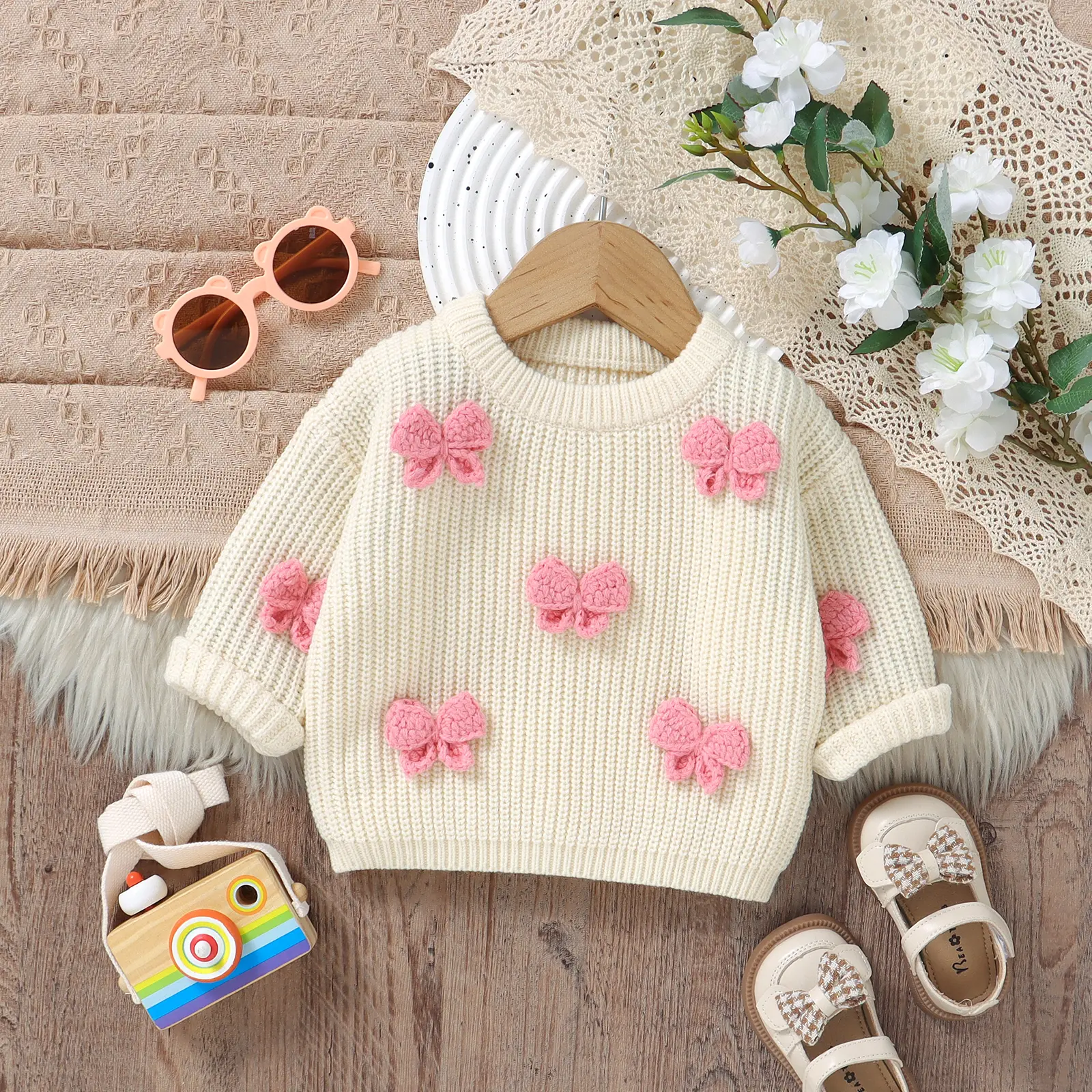Fashion Bowknot Knitted Baby Girls Sweaters Long Sleeves Outwear Newborn Infant Knitwear Jumpers 1-3Y Toddler Pullovers Clothing