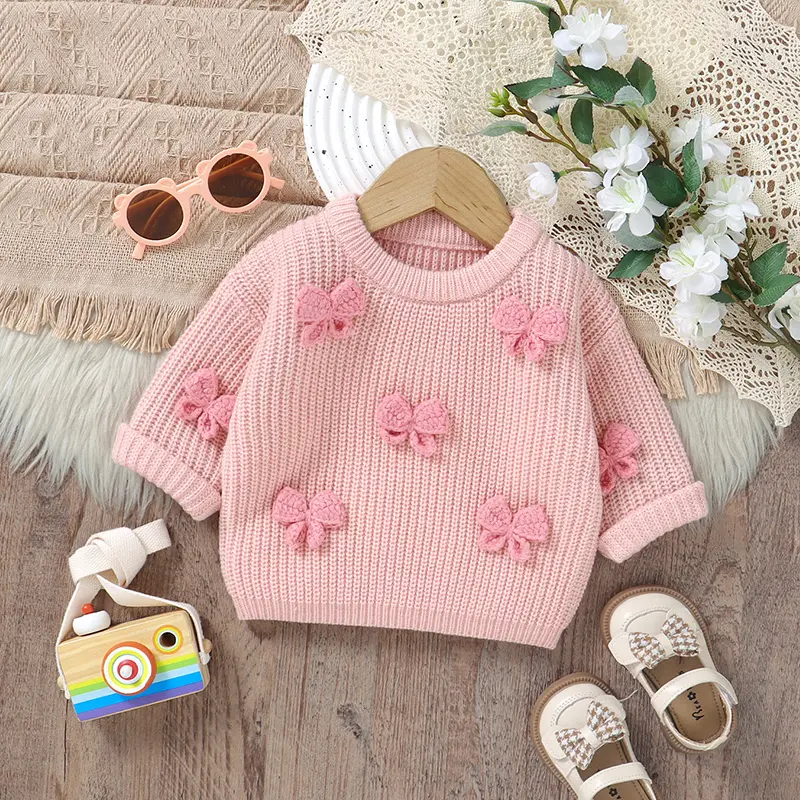 Fashion Bowknot Knitted Baby Girls Sweaters Long Sleeves Outwear Newborn Infant Knitwear Jumpers 1-3Y Toddler Pullovers Clothing