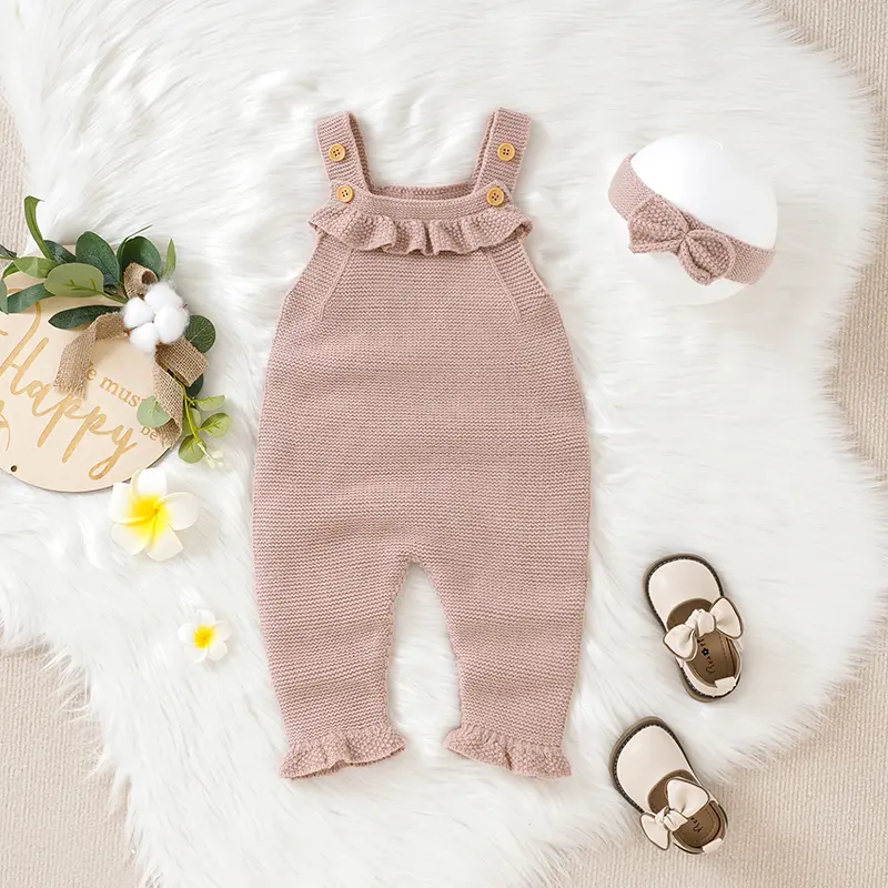 2pcs/Set Newborn Baby Rompers Clothes Solid Sleeveless Knit Infant Child Girls Strap Jumpsuits Headband Outfits Toddler Costumes