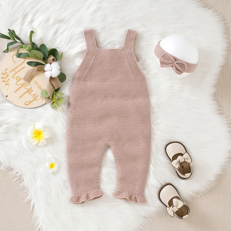2pcs/Set Newborn Baby Rompers Clothes Solid Sleeveless Knit Infant Child Girls Strap Jumpsuits Headband Outfits Toddler Costumes