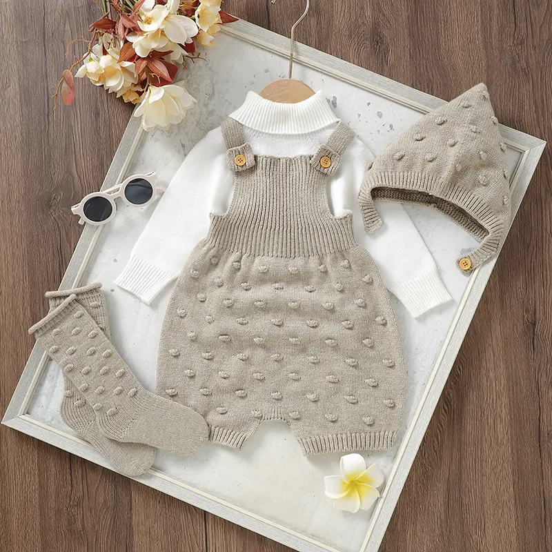 3pcs/Set Baby Clothes Solid Dots Crocheted Newborn Infant Girls Sleeveless Knitted Rompers Hats Socks Outfits 0-18m Infant Suits