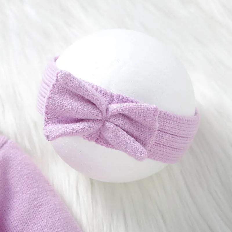 Winter Newborn Girls Rompers Clothes Autumn Purple Turtle Neck Long Sleeve Infant Kids Knitted Jumpsuits Headband Set 2pcs 0-18m