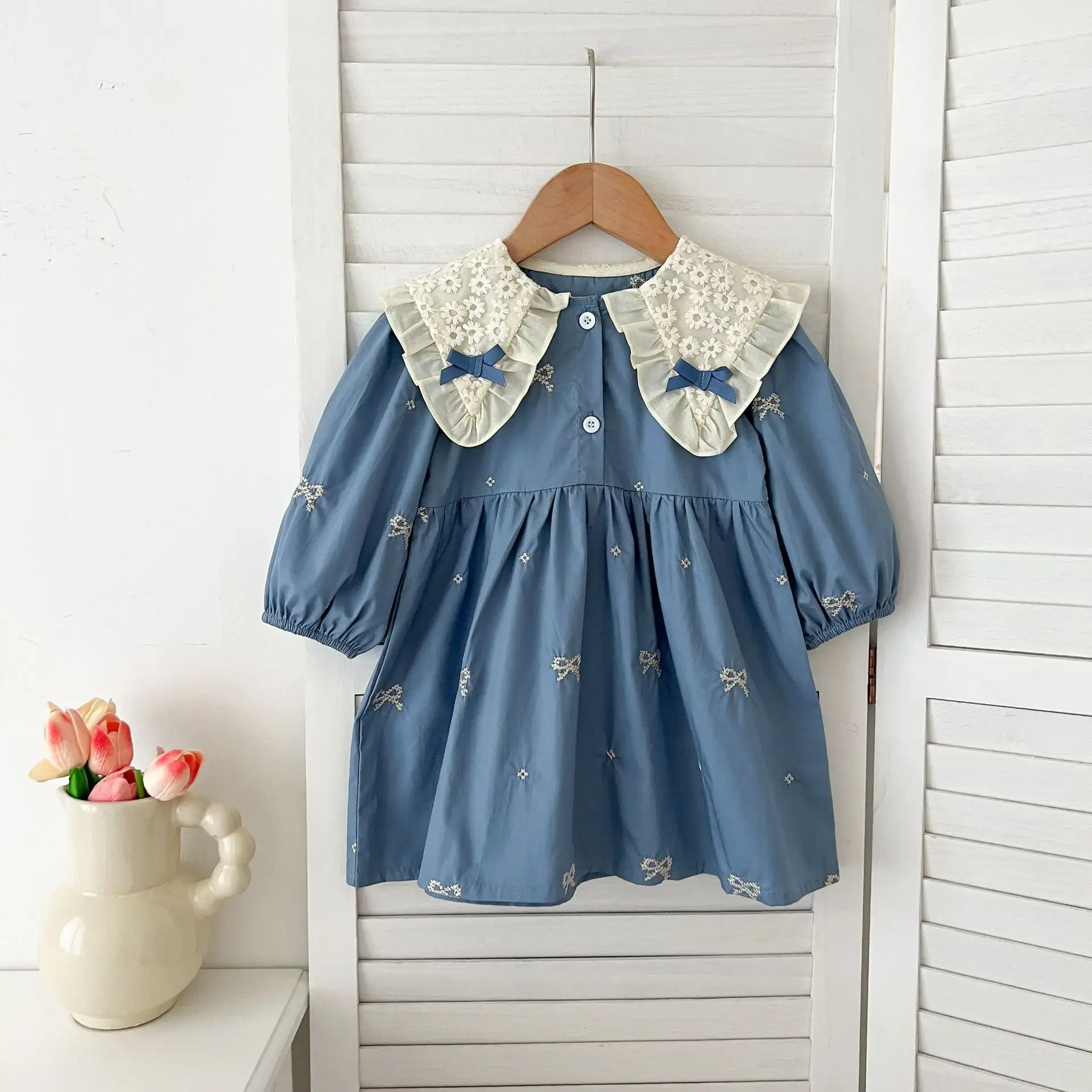 1-6Y Baby Girl Clothing Lace Autumn Casual Dresses Children Fashion Embroidery Sweet Princess Dress Long Sleeve Kids Party Dress