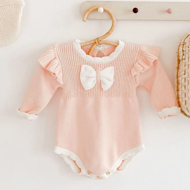 Cute Autumn Winter Infant Baby Girls Bowknot Rompers Clothing Kids Girl Long Sleeve Knit Rompers Clothes