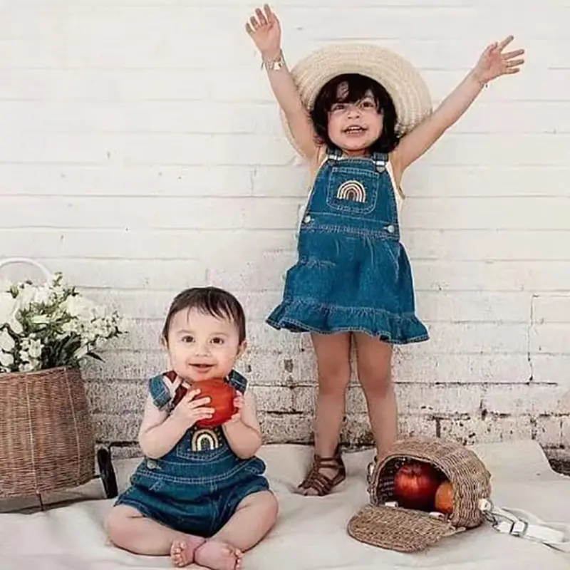 2024 Brother Match Clothes Summer Children Denim Sets Embroidery Baby Denim Romper Sister Baby Girls Denim Dresses Korean Style