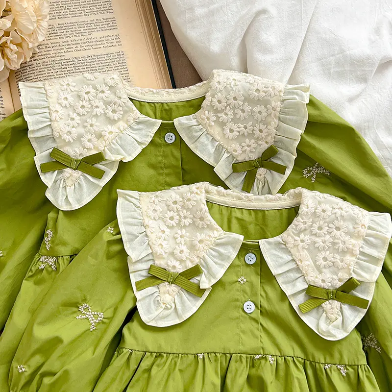 Sisters Clothes Infant Baby Girls Lace Collar Dress Rompers Kids Baby Girls Embroider Bow Knot Princess Dress Clothes Rompers