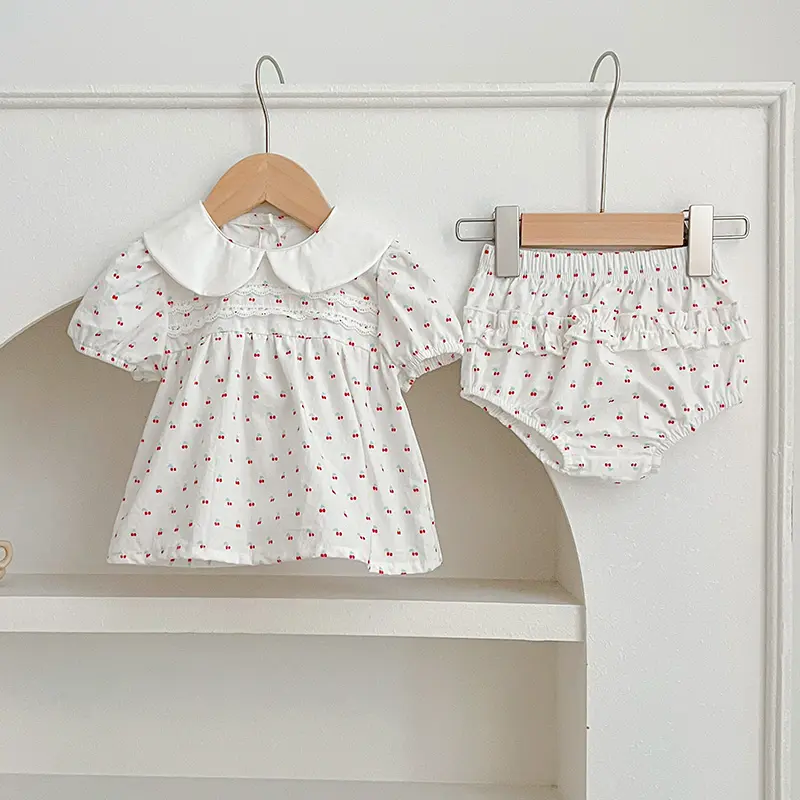 Summer Baby Girls Clothing Sets Newborn Girl Clothes Suit Puff Sleeve Top Floral Print Blouse+PP Shorts Infant Bbay Cherry Set