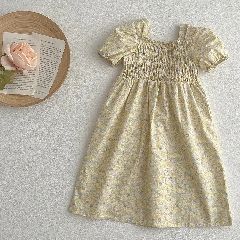 1-6Y Girl Dress Baby Girl Clothes New Yellow Flowers Dress Hand Embroidered High-Quality Short Sleeved Dress Kids Fashion Dress