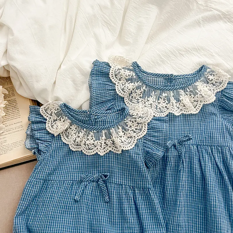 Sister Dress Baby Clothes Summer Baby Girl Clothes Blue Plaid Dress Lace Collar Baby Girl Romper One Piece Sister Clothes Dress