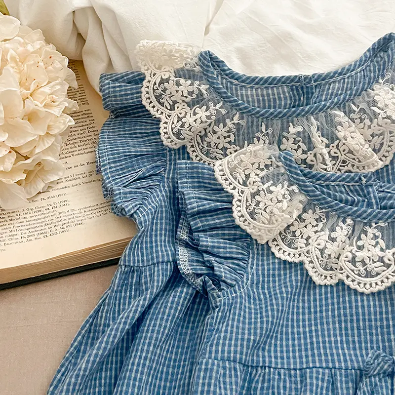 Sister Dress Baby Clothes Summer Baby Girl Clothes Blue Plaid Dress Lace Collar Baby Girl Romper One Piece Sister Clothes Dress