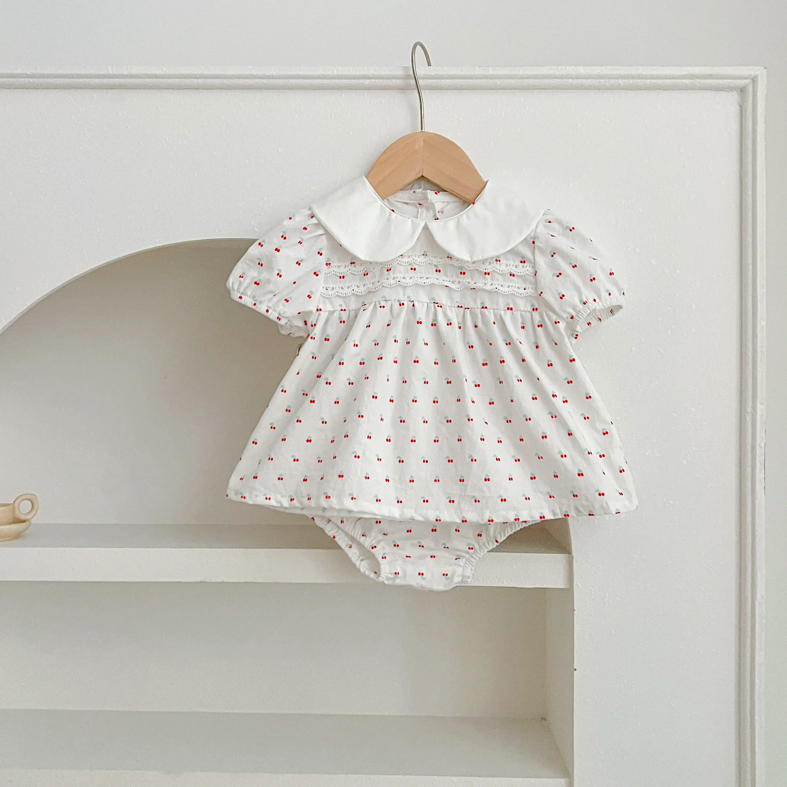 Summer Baby Girls Clothing Sets Newborn Girl Clothes Suit Puff Sleeve Top Floral Print Blouse+PP Shorts Infant Bbay Cherry Set