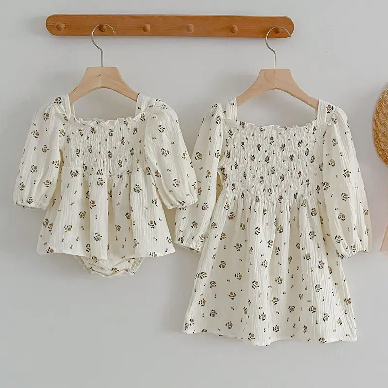 Spring Autumn Infant Kids Baby Girls Long Sleeve Rose Print Sisters Dress Newborn Kids Baby Girls Children Clothes Rompers