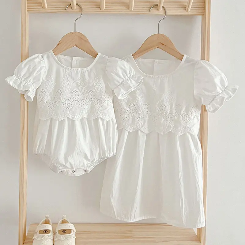 Summer Newborn Baby Girls Sweet Pure Color Jumpsuit Toddler Baby Girls Short Sleeves Kids Princess Dress Girls Sister Clothes