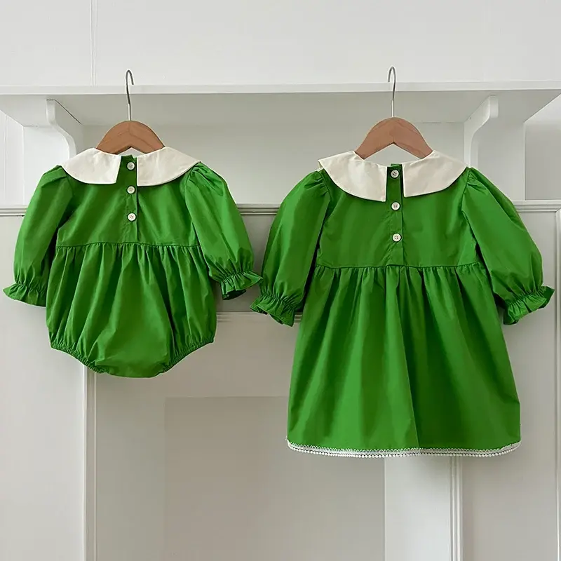 Baby Girl Clothes Sister Clothes Autumn Green Princess Dress Embroider Collar Girl One Piece Clothes Spring Sister Flower Dress
