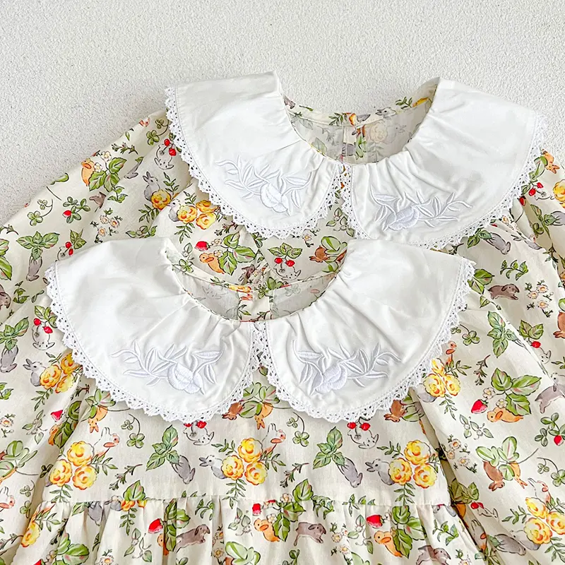 Spring Autumn Infant Kids Baby Girls Long Sleeve Doll Neck Print Sisters Dress Newborn Baby Girls Clothes Rompers