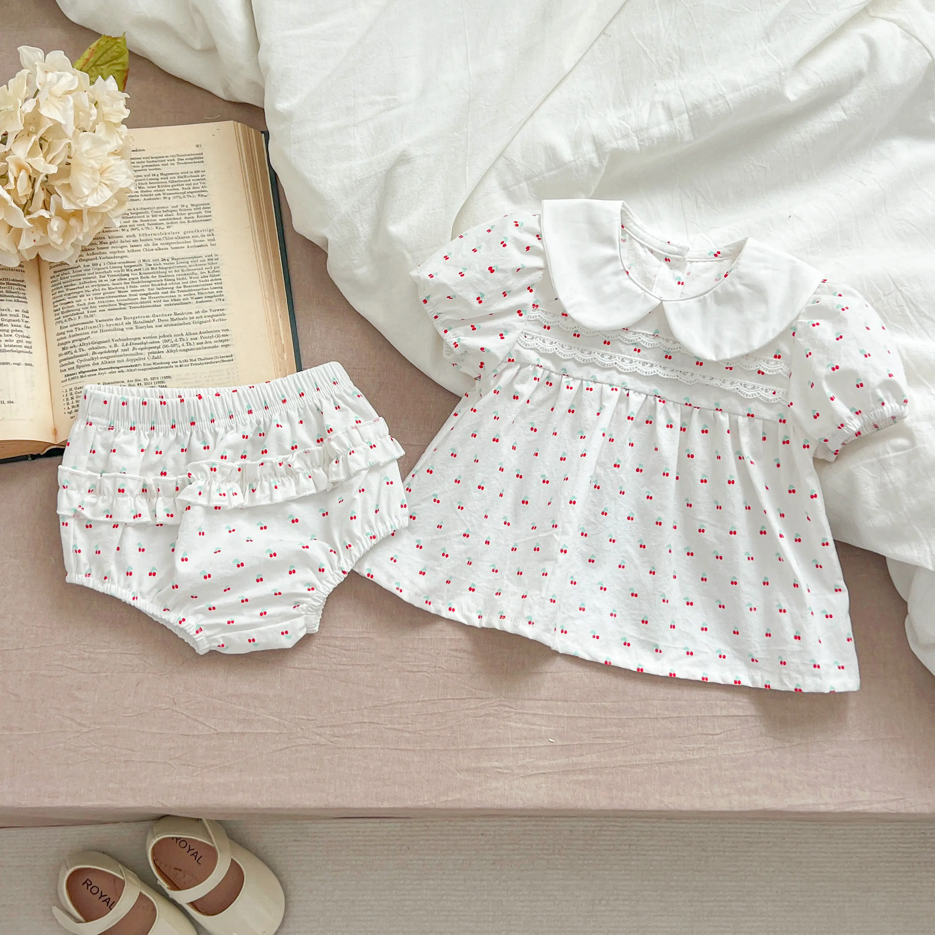 Summer Baby Girls Clothing Sets Newborn Girl Clothes Suit Puff Sleeve Top Floral Print Blouse+PP Shorts Infant Bbay Cherry Set