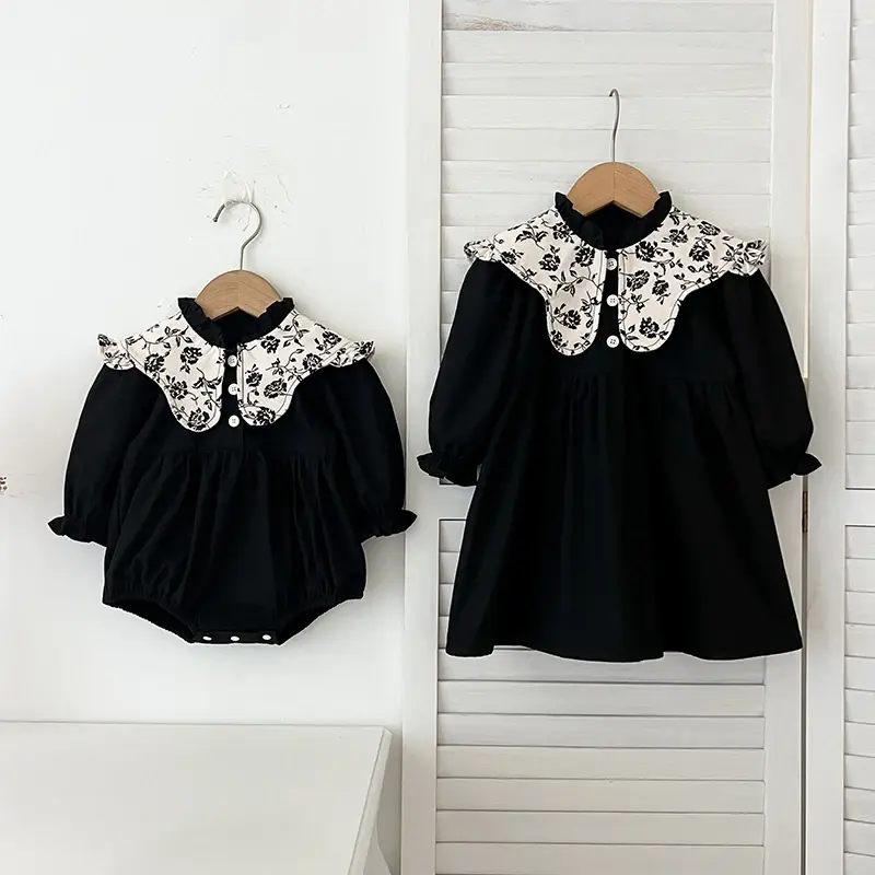 New Spring Sister Clothes Infant Baby Girls Party Dress Black Brown Vintage Flower Toddler Baby Bodysuits Kids Princess Dress
