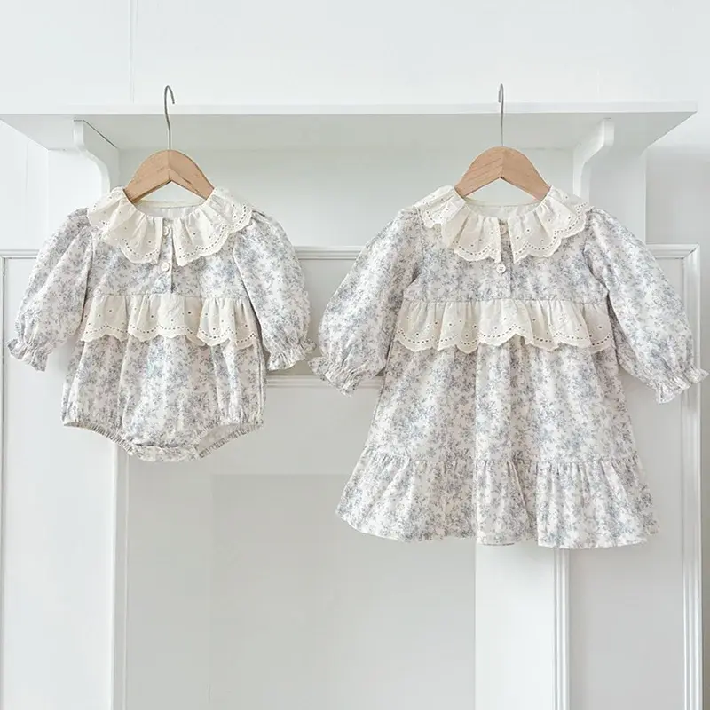 2025 Spring Sister Clothes Kids Princess Dresses Baby Girls Embroidery Romper Blue Flowers Dress Cotton Baby Girl Clothing Suit