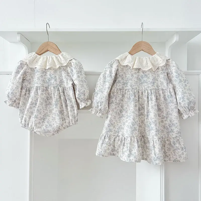 2025 Spring Sister Clothes Kids Princess Dresses Baby Girls Embroidery Romper Blue Flowers Dress Cotton Baby Girl Clothing Suit