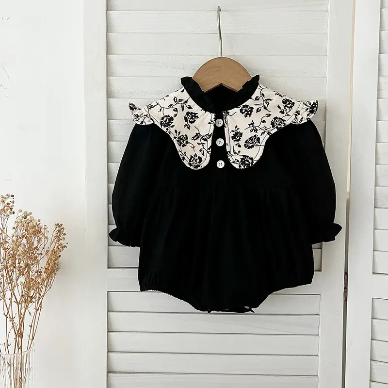 New Spring Sister Clothes Infant Baby Girls Party Dress Black Brown Vintage Flower Toddler Baby Bodysuits Kids Princess Dress