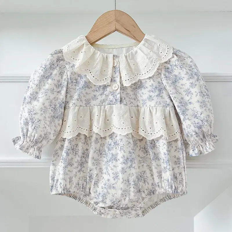 2025 Spring Sister Clothes Kids Princess Dresses Baby Girls Embroidery Romper Blue Flowers Dress Cotton Baby Girl Clothing Suit