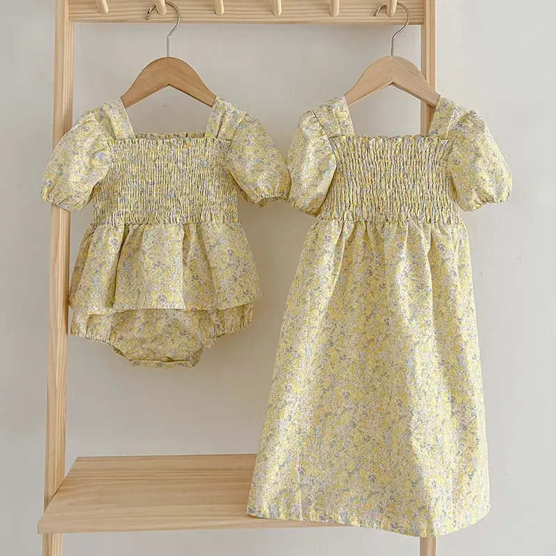 Newborn Toddler Baby Girls Sweet Printing Jumpsuit Summer Baby Girls Short Sleeves Kids Princess Dress Girls Sister Clothes