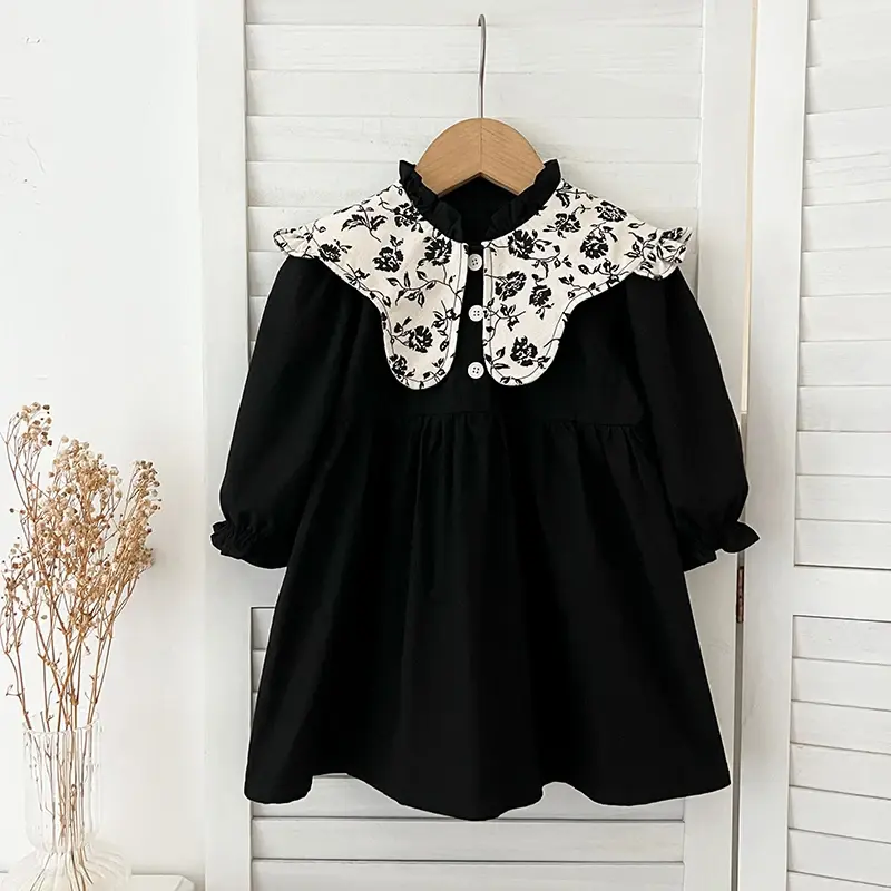 New Spring Sister Clothes Infant Baby Girls Party Dress Black Brown Vintage Flower Toddler Baby Bodysuits Kids Princess Dress
