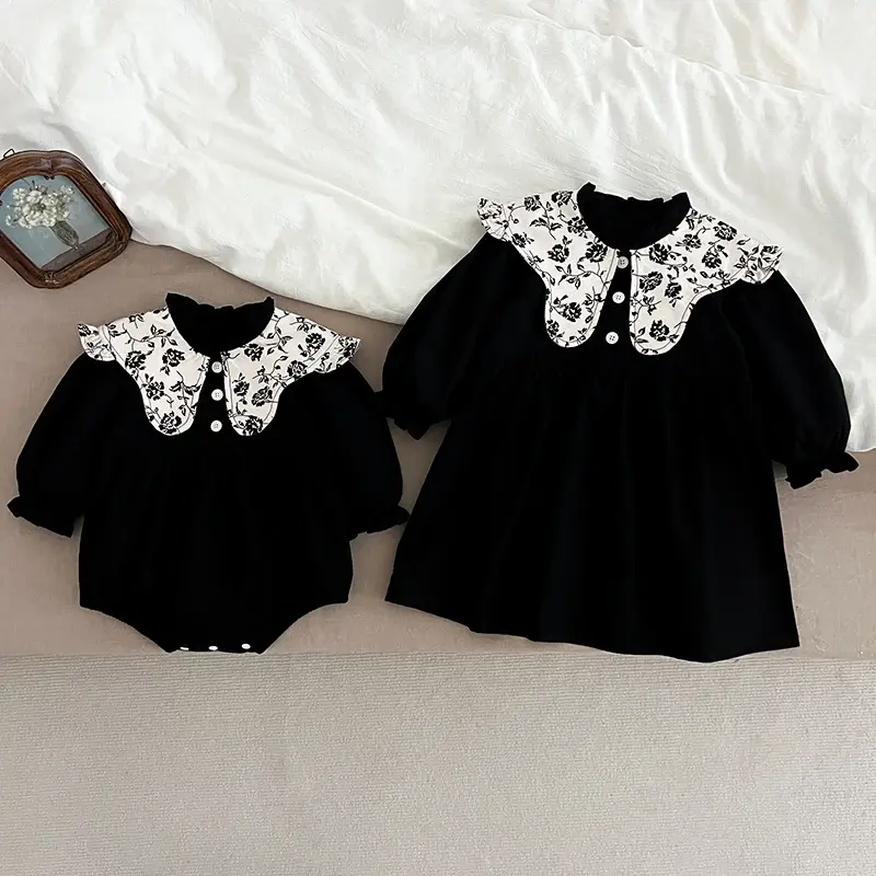 New Spring Sister Clothes Infant Baby Girls Party Dress Black Brown Vintage Flower Toddler Baby Bodysuits Kids Princess Dress