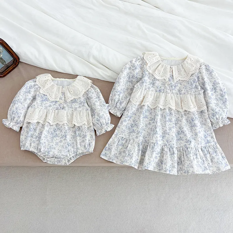 2025 Spring Sister Clothes Kids Princess Dresses Baby Girls Embroidery Romper Blue Flowers Dress Cotton Baby Girl Clothing Suit