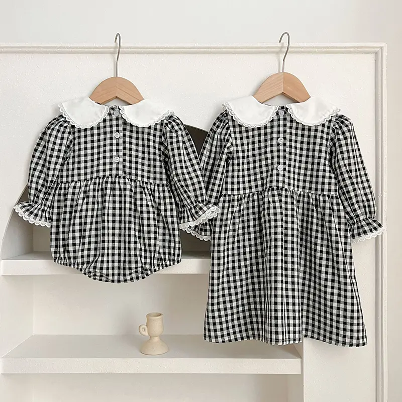 Infant Baby Girls Long Sleeve Sweet Sisters Grid Dress Spring Autumn Rompers Kids Baby Girls Princess Clothes Rompers