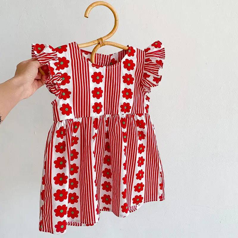 New Baby Girls Dress Flying Sleeve Ruffles Clothes Cotton Backless Infant Princess Dress Girls Striped Red flowers Party Dresses