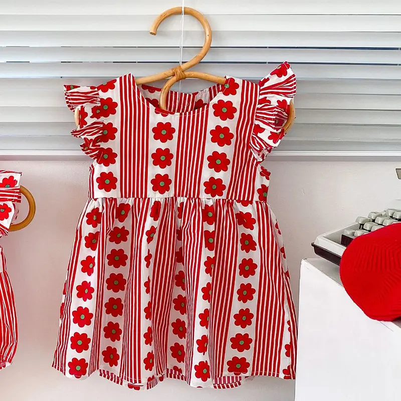 New Baby Girls Dress Flying Sleeve Ruffles Clothes Cotton Backless Infant Princess Dress Girls Striped Red flowers Party Dresses