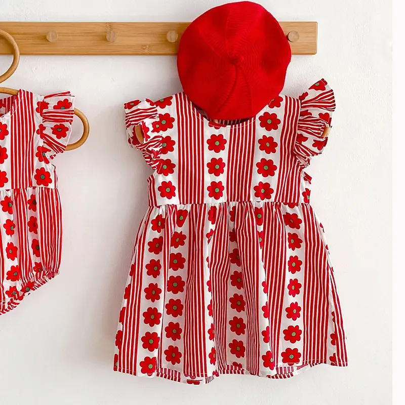 New Baby Girls Dress Flying Sleeve Ruffles Clothes Cotton Backless Infant Princess Dress Girls Striped Red flowers Party Dresses
