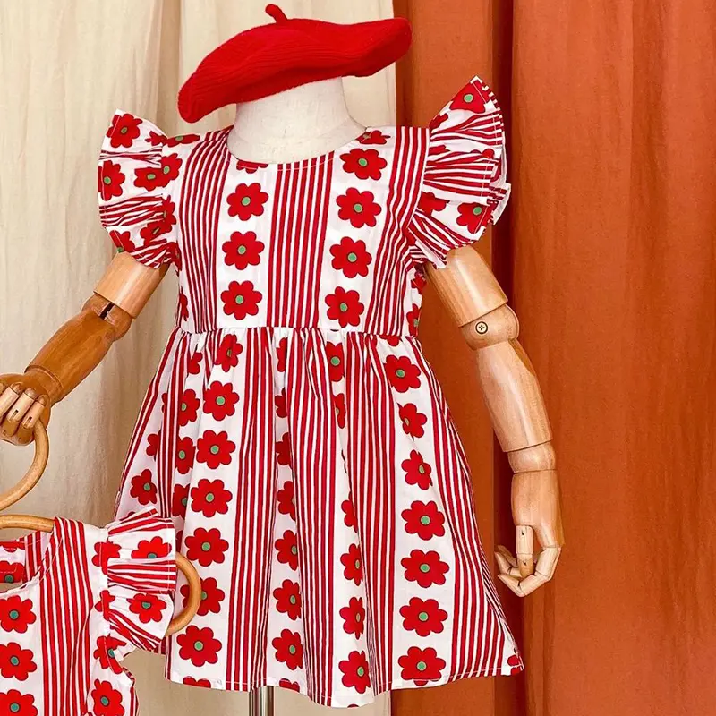 New Baby Girls Dress Flying Sleeve Ruffles Clothes Cotton Backless Infant Princess Dress Girls Striped Red flowers Party Dresses