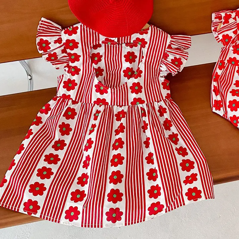 New Baby Girls Dress Flying Sleeve Ruffles Clothes Cotton Backless Infant Princess Dress Girls Striped Red flowers Party Dresses