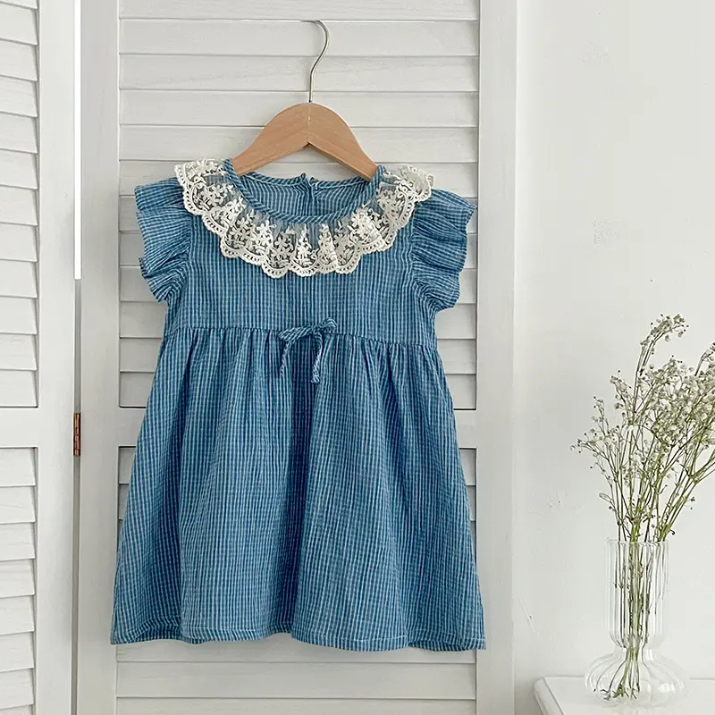 Summer Girls Sleeveless Dress Lace Collar Blue Grid Dress Cute Embroidery Printed Princess Dress Toddler Kid Clothes For 2-6Y