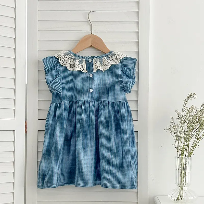 Summer Girls Sleeveless Dress Lace Collar Blue Grid Dress Cute Embroidery Printed Princess Dress Toddler Kid Clothes For 2-6Y