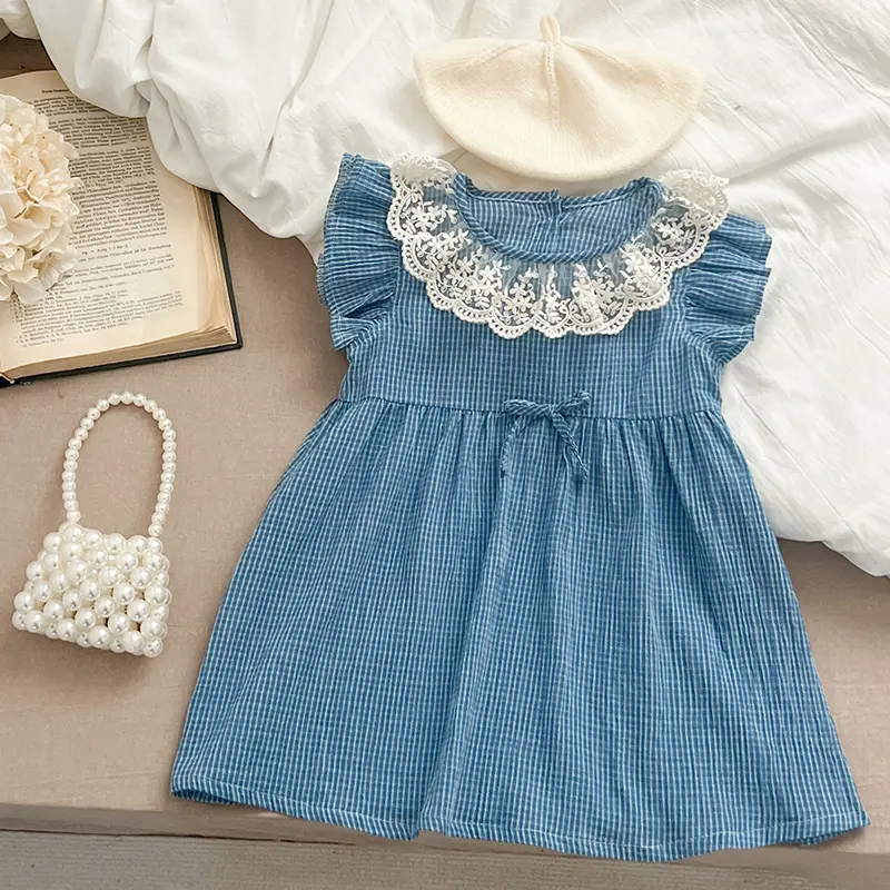 Summer Girls Sleeveless Dress Lace Collar Blue Grid Dress Cute Embroidery Printed Princess Dress Toddler Kid Clothes For 2-6Y