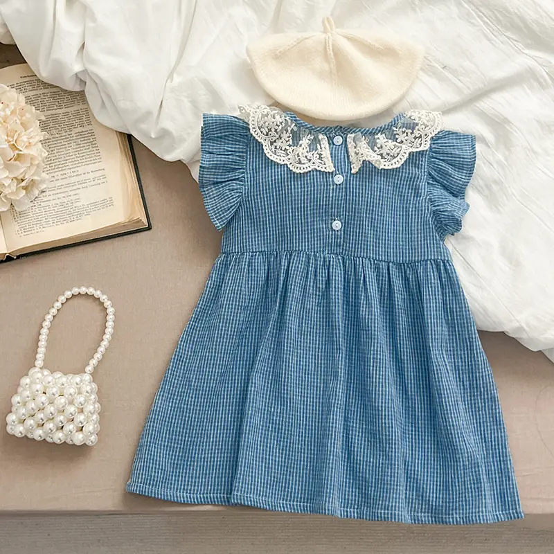 Summer Girls Sleeveless Dress Lace Collar Blue Grid Dress Cute Embroidery Printed Princess Dress Toddler Kid Clothes For 2-6Y
