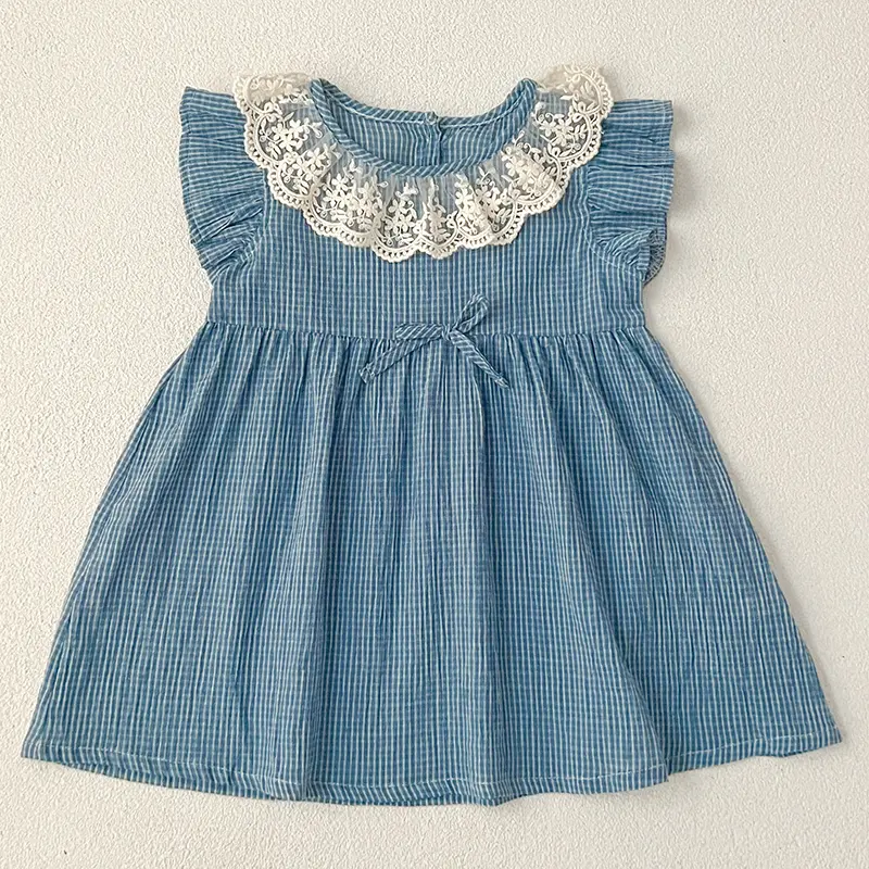 Summer Girls Sleeveless Dress Lace Collar Blue Grid Dress Cute Embroidery Printed Princess Dress Toddler Kid Clothes For 2-6Y