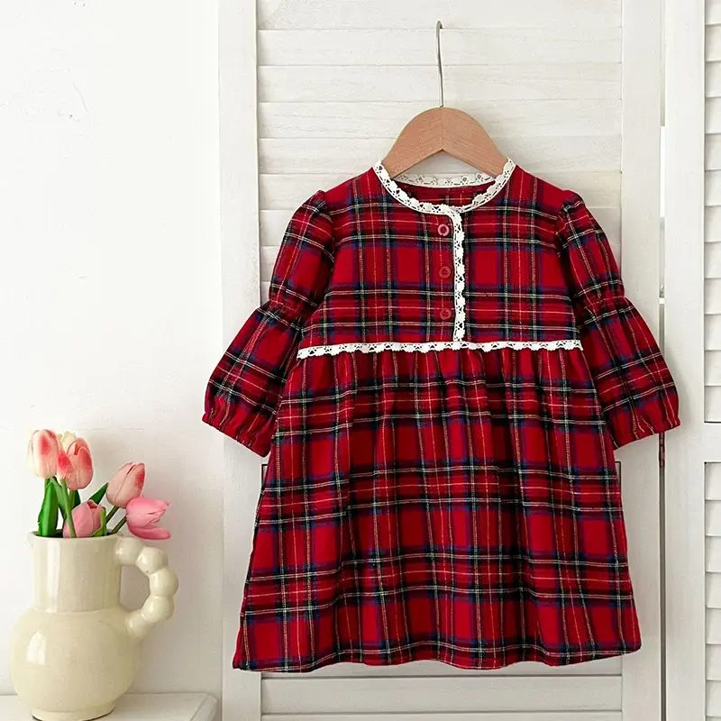 Children Clothes 1-6Yrs Christmas Girls Red Dress Toddler Dress Baby Kid Girls Lace Ruffles Tutu Party Dress Plaid Xmas Costumes