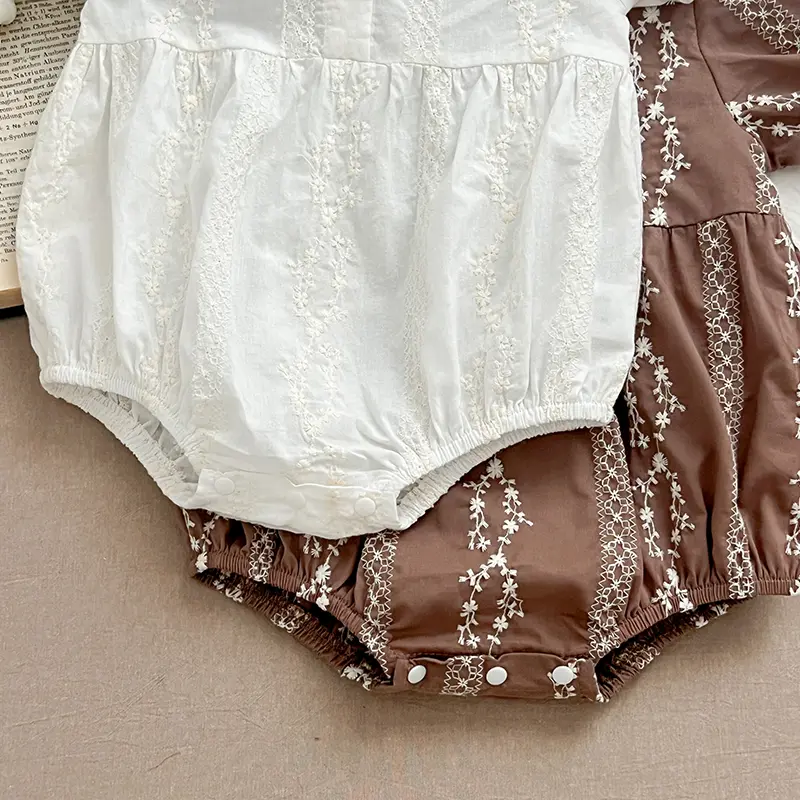 Girls Bodysuits Summer Toddle Girls Baby Pearl Button Embroidered Princess Jumpsuit Short Sleeved Thin Style Newborn Clothes
