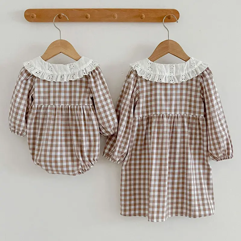 Spring Autumn Infant Kids Baby Girls Long Sleeve Grid Sisters Dress Doll Collar Newborn Kids Baby Girls Children Clothes Rompers