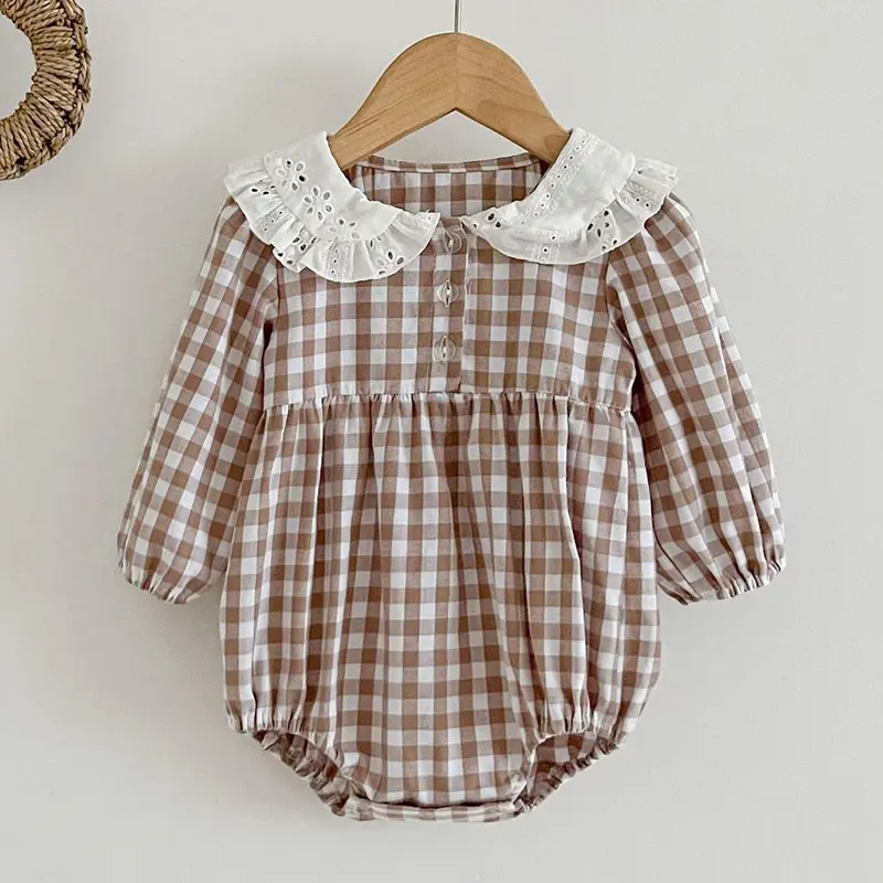 Spring Autumn Infant Kids Baby Girls Long Sleeve Grid Sisters Dress Doll Collar Newborn Kids Baby Girls Children Clothes Rompers