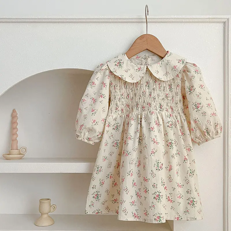 Baby Girls Floral Printed Dress Autumn Toddlers Girls Printed Princess Dresses Long Sleeve Ruffles Soft Cotton Baby Kids Dress